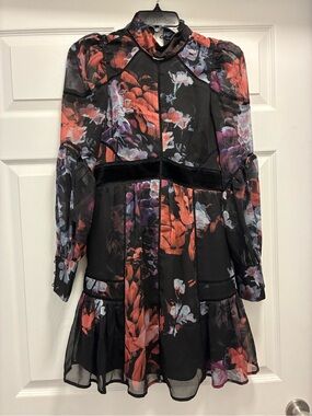 Black Floral Long-Sleeve Mini Dress